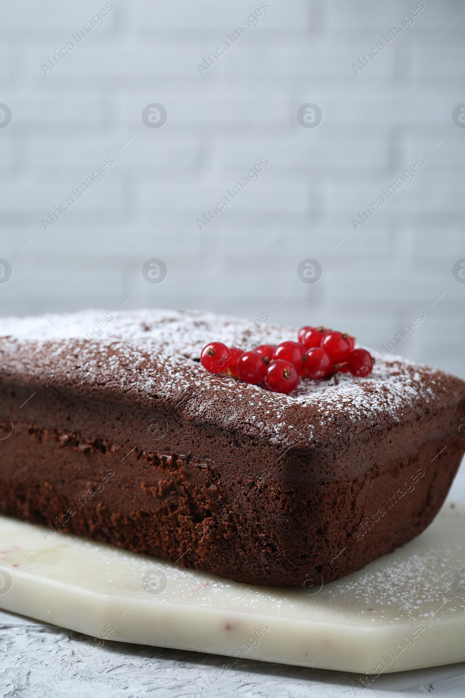 Photo of Tasty chocolate sponge cake with powdered sugar and currant on light grey table, closeup