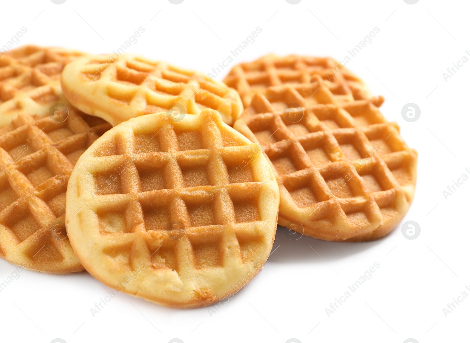 Photo of Delicious waffles for breakfast on white background, closeup