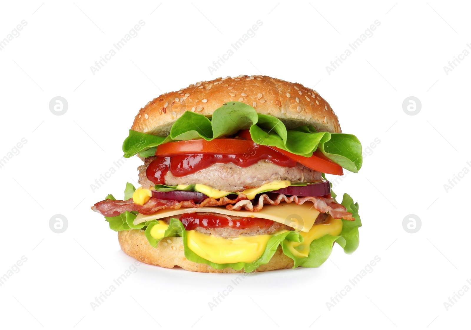 Photo of Tasty fresh burger with cutlet isolated on white