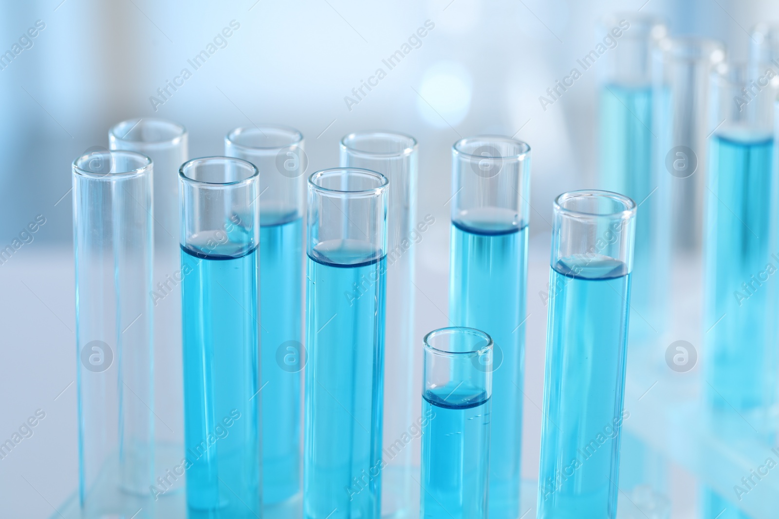 Photo of Test tubes with light blue liquid in laboratory, closeup