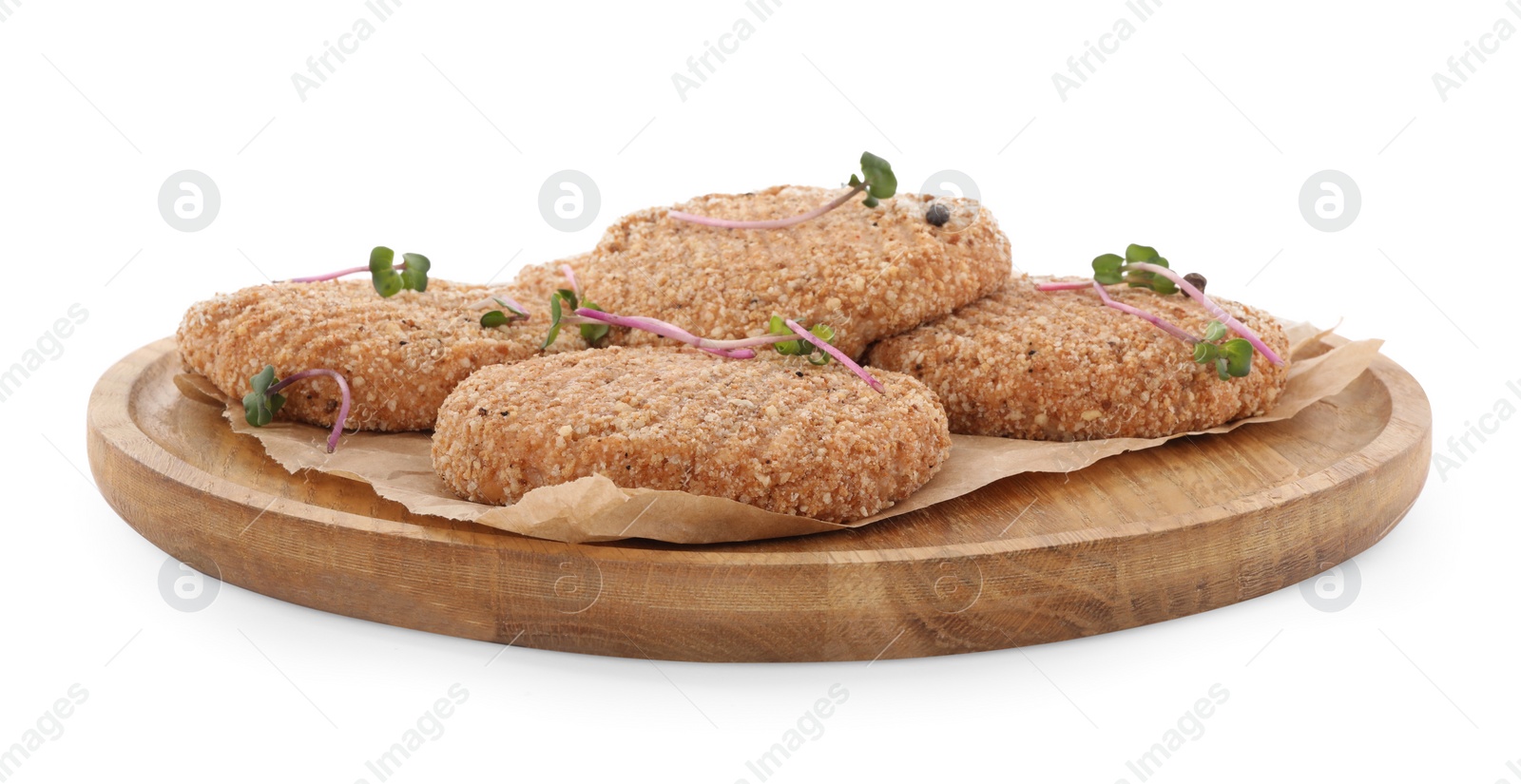 Photo of Vegan cutlets with breadcrumbs isolated on white