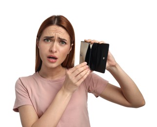 Confused woman with empty wallet on white background