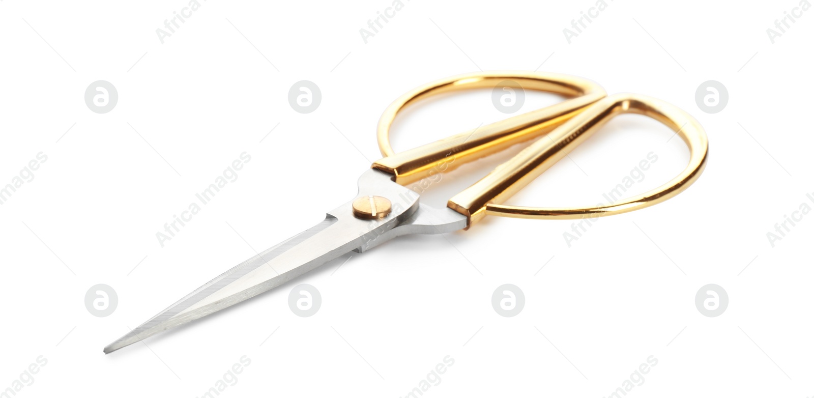 Photo of Pair of sharp sewing scissors on white background