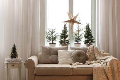 Photo of Sofa near window with small fir trees in room. Interior design