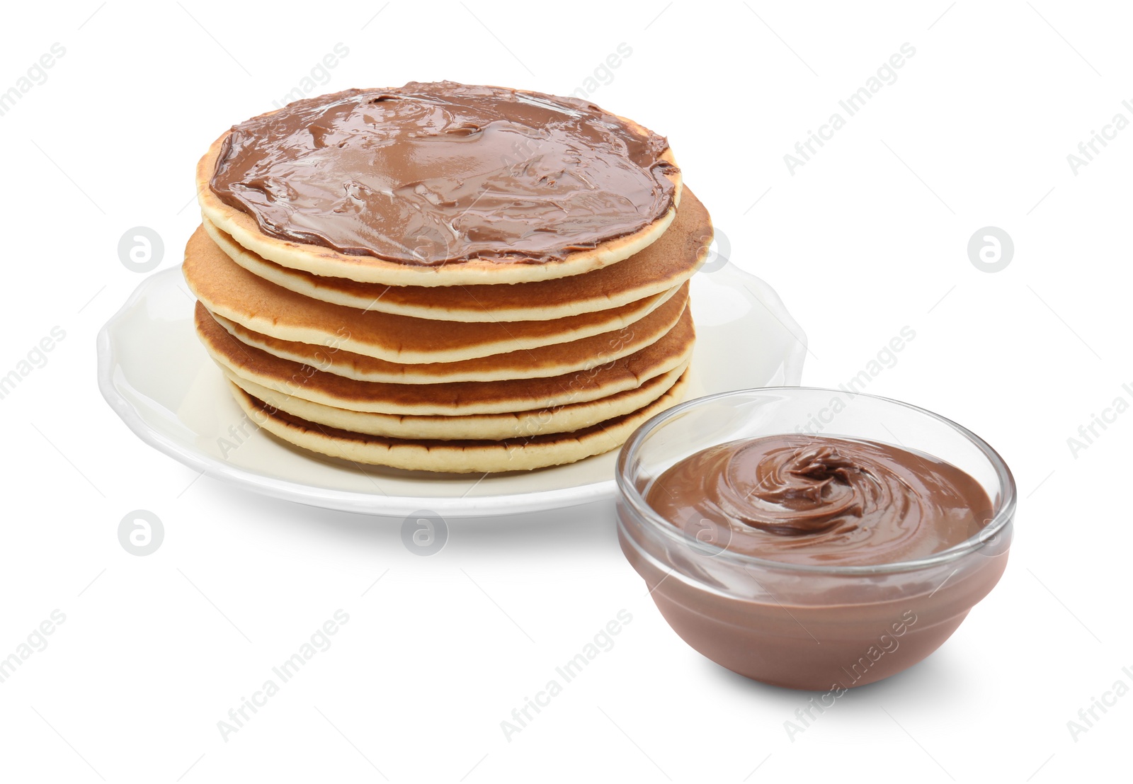 Photo of Tasty pancakes with chocolate paste isolated on white