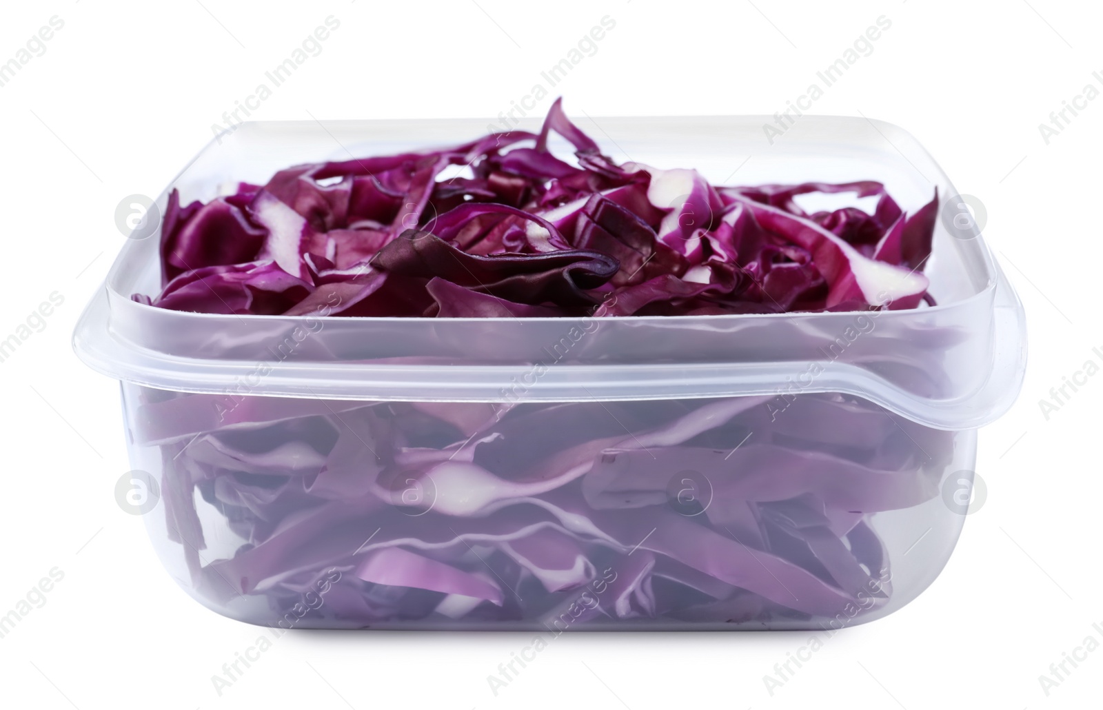 Photo of Fresh chopped red cabbage in plastic container isolated on white