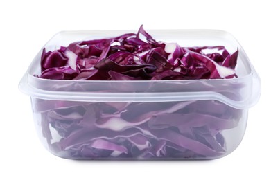 Fresh chopped red cabbage in plastic container isolated on white