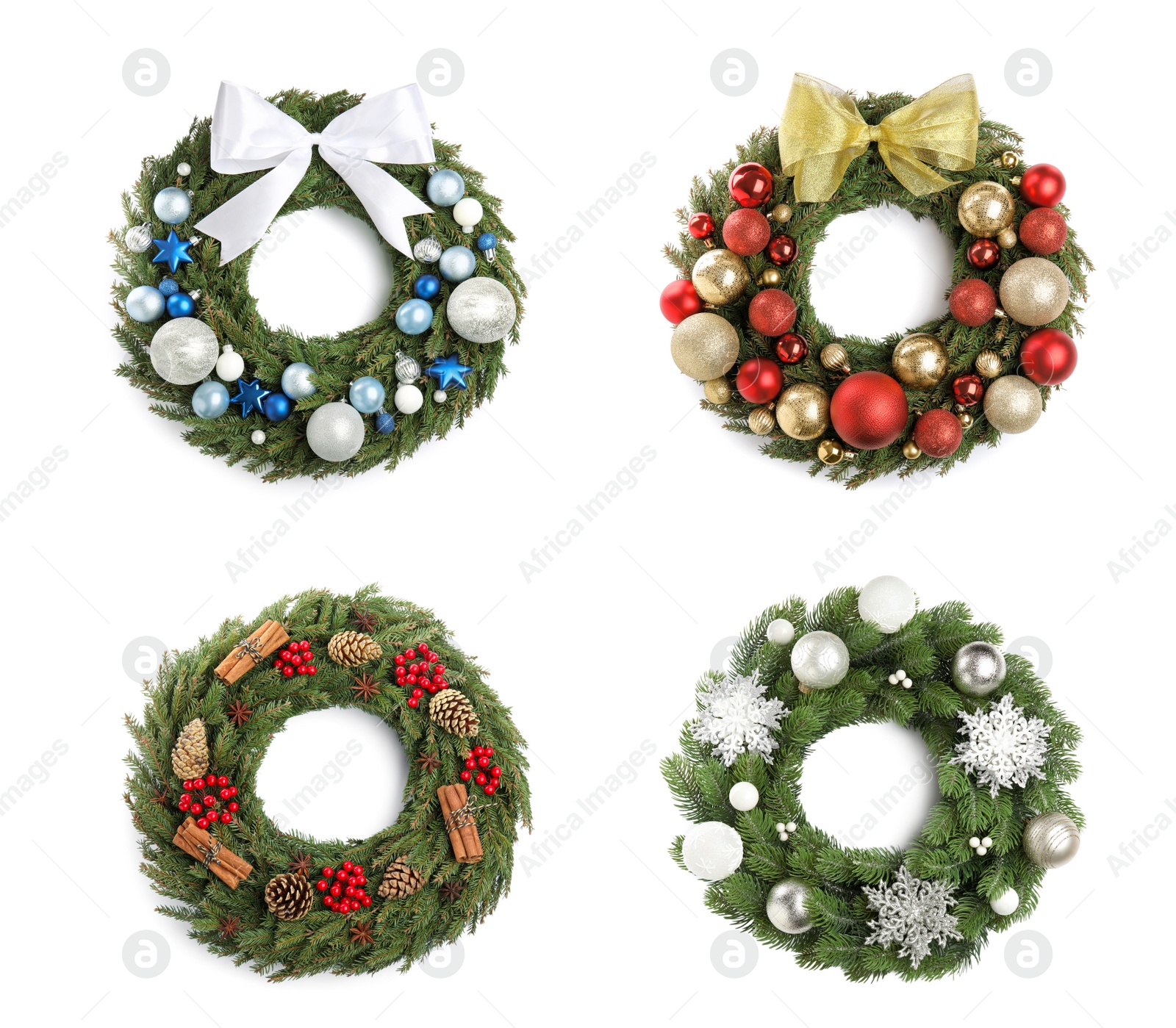 Image of Set with beautiful Christmas wreaths on white background 