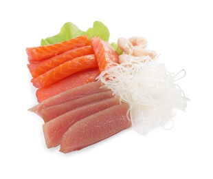 Delicious sashimi set of salmon, shrimps and tuna served with funchosa and lettuce isolated on white