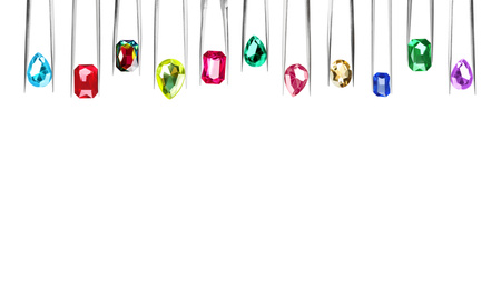 Set of tweezers with different shiny gemstones on white background. Banner design