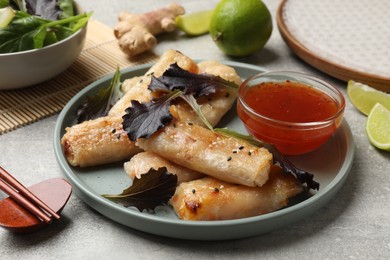 Photo of Tasty fried spring rolls, lettuce and sauce on grey table, closeup