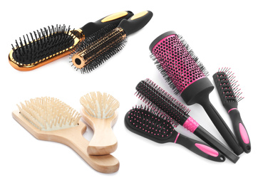 Image of Set with different hair brushes on white background