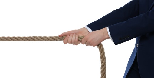 Dispute concept. Businessman pulling rope on white background, closeup