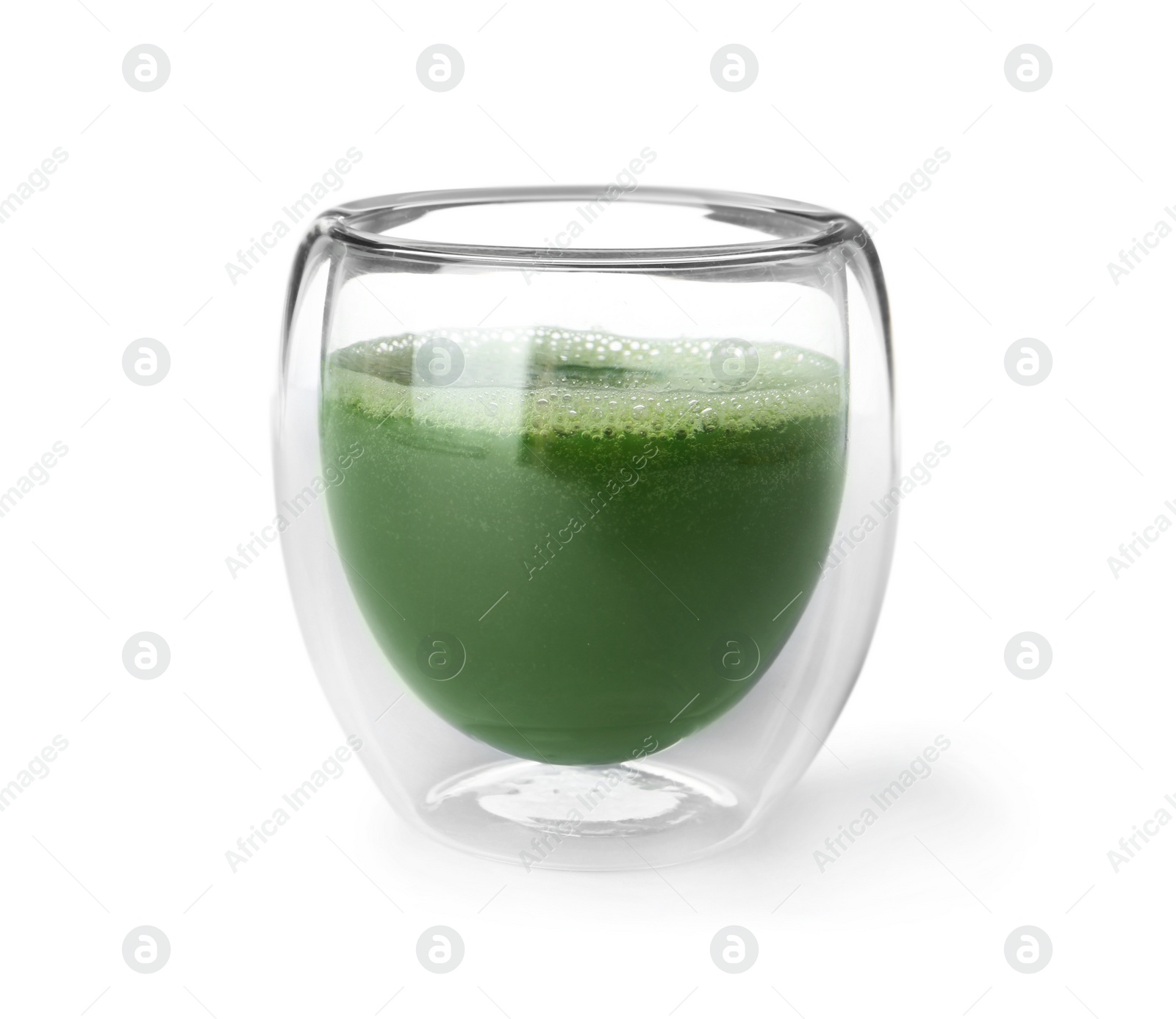 Glass of fresh wheat grass juice on white background Photo of Glass of fresh wheat grass juice on white background