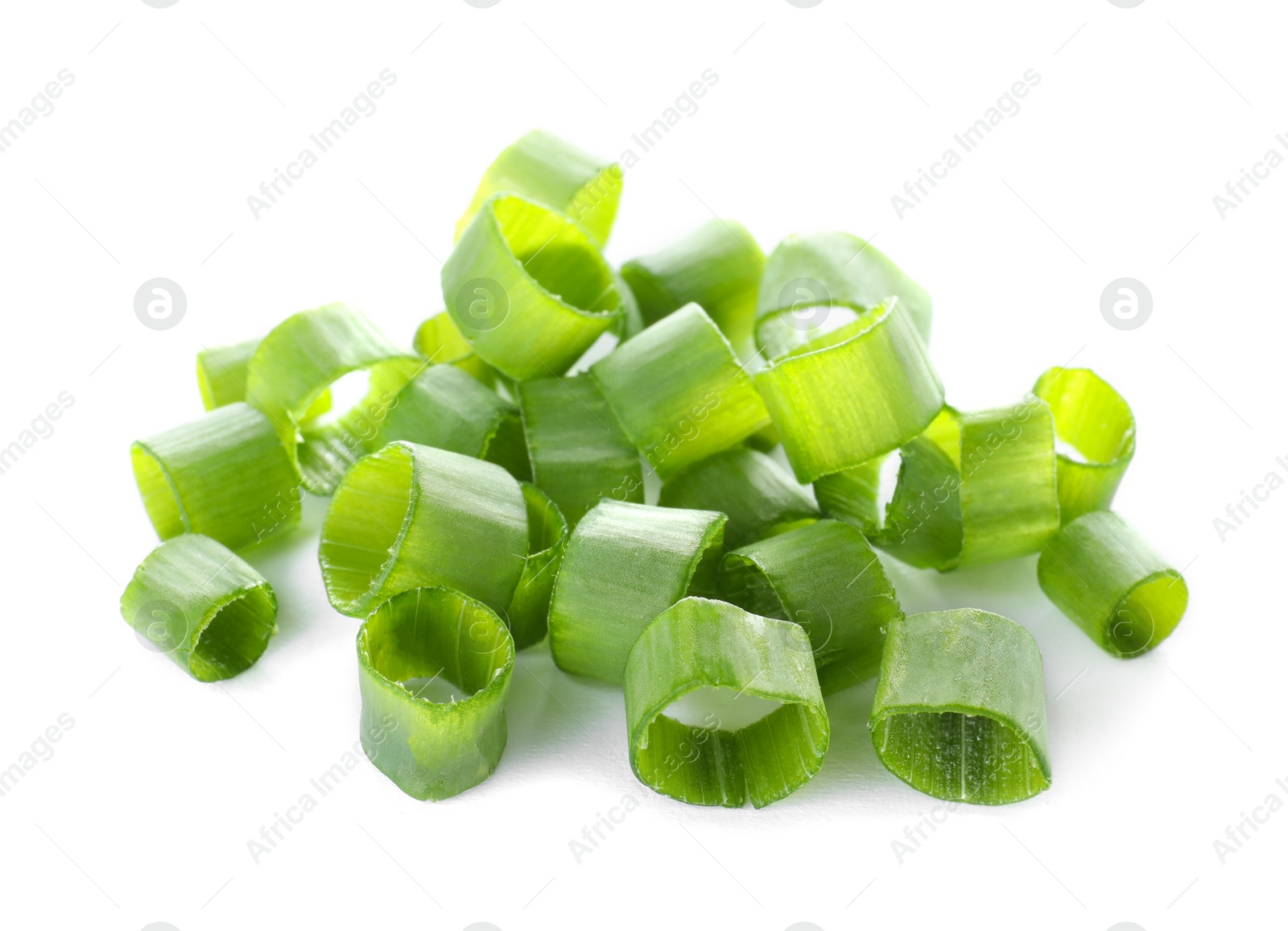 Photo of Cut fresh green onion on white background