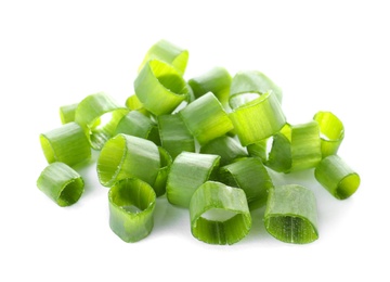 Photo of Cut fresh green onion on white background