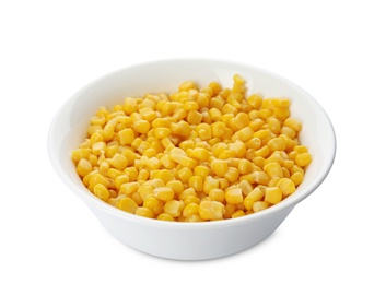 Bowl with corn kernels on white background