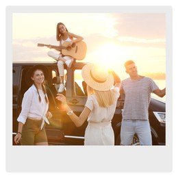 Image of Paper photo. Happy friends having fun near car outdoors at sunset 