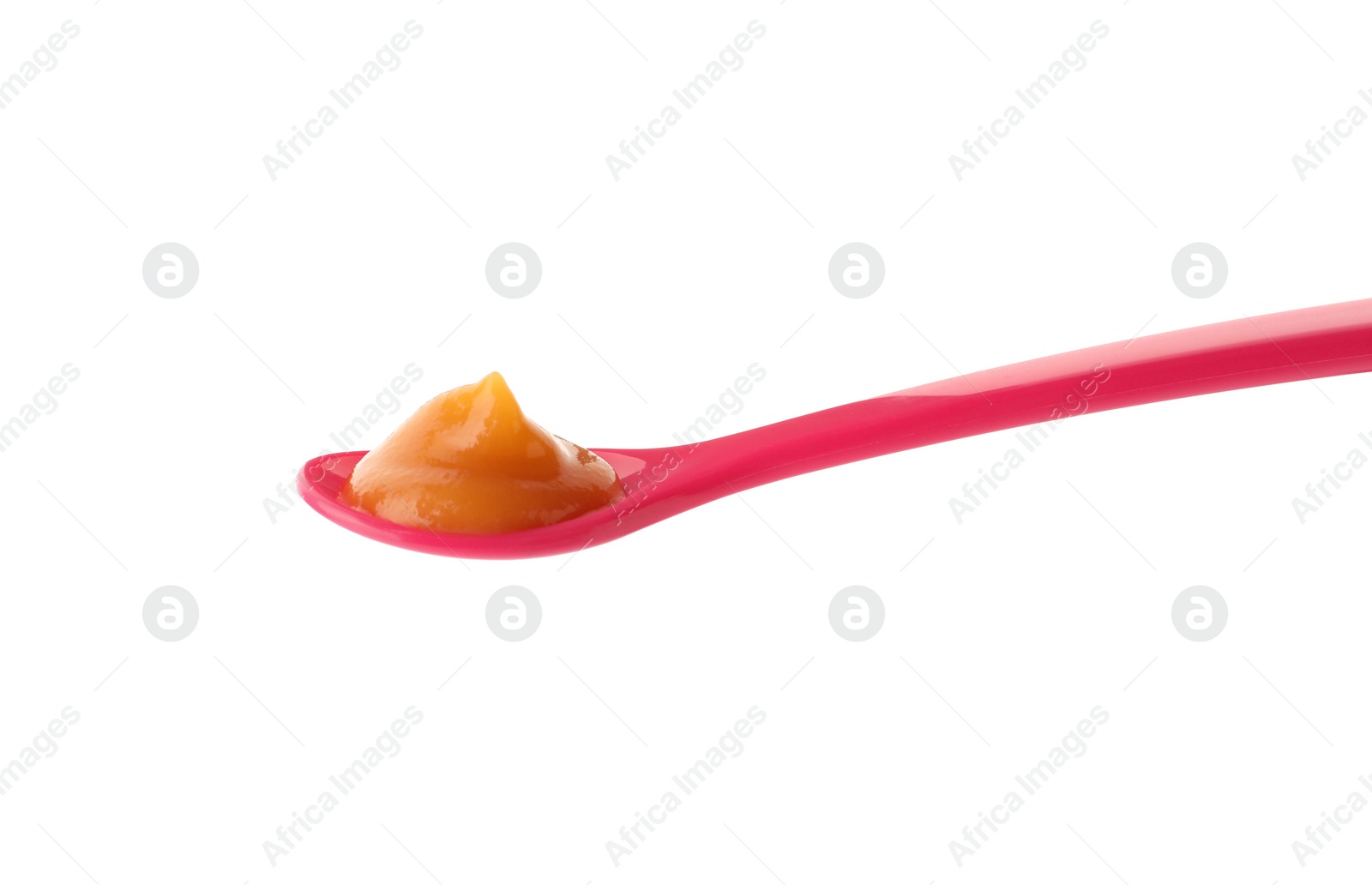 Photo of Spoon of tasty pureed baby food isolated on white