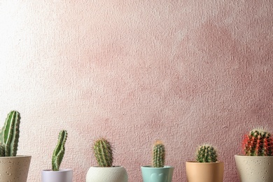 Photo of Different potted cacti near color wall, space for text. Interior decor