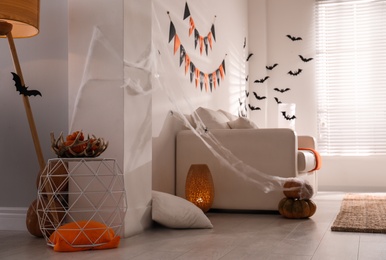 Modern room decorated for Halloween. Festive interior