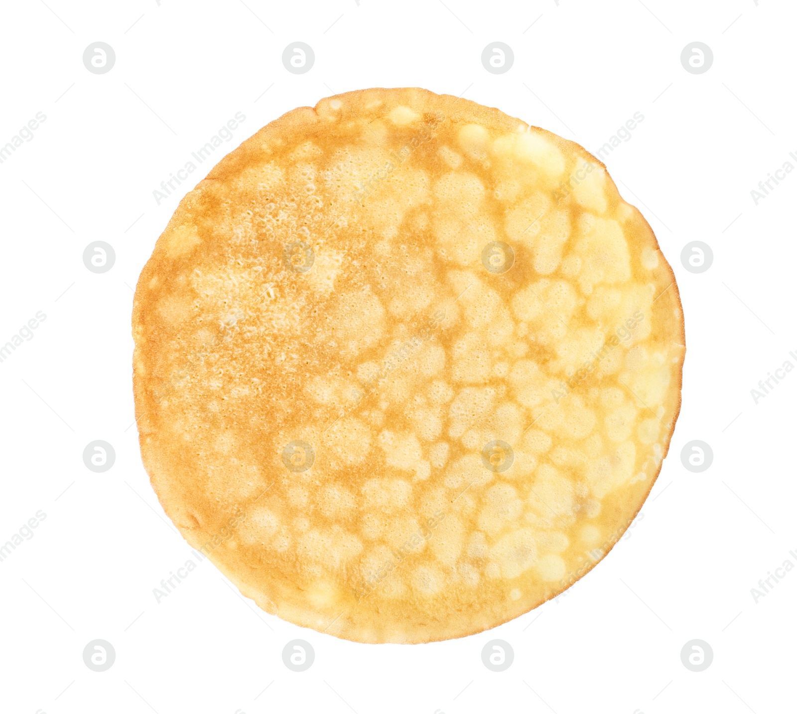 Photo of Tasty thin pancake on white background, top view