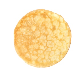 Photo of Tasty thin pancake on white background, top view