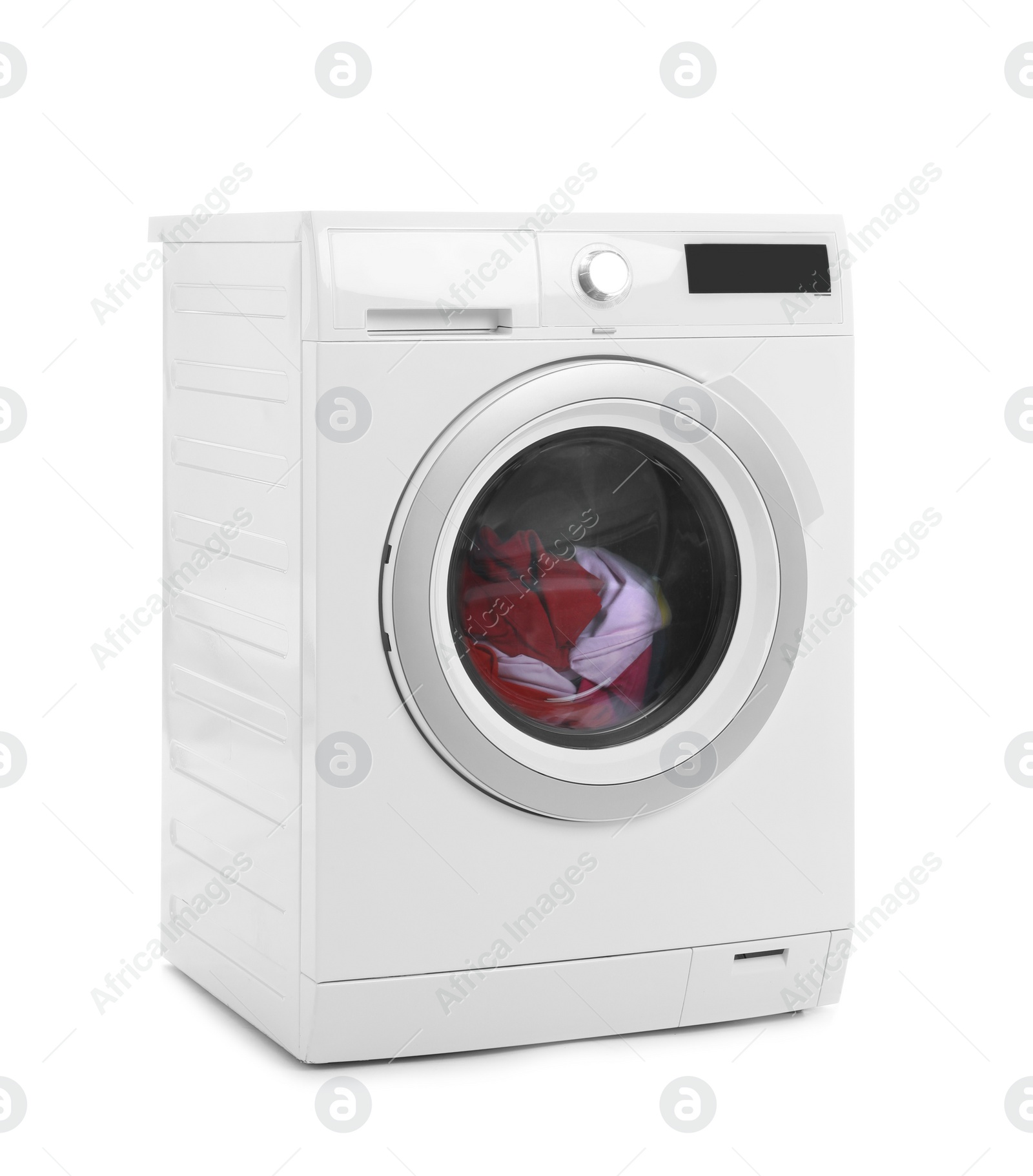 Photo of Modern washing machine with laundry on white background