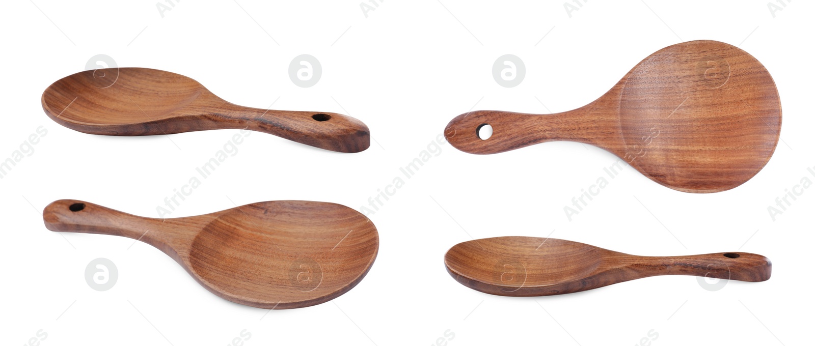 Image of Wooden spoons on white background, collage. Cooking utensil