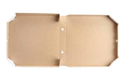 Photo of Open cardboard pizza box on white background