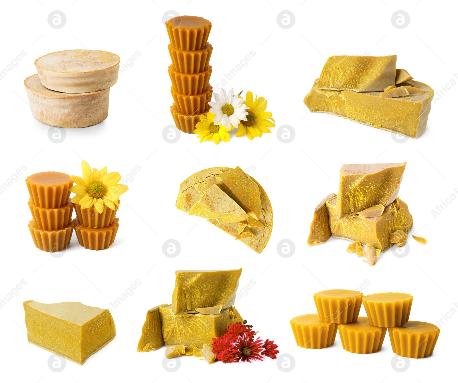 Image of Set with natural organic beeswax on white background