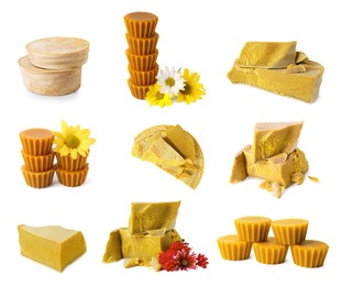 Set with natural organic beeswax on white background