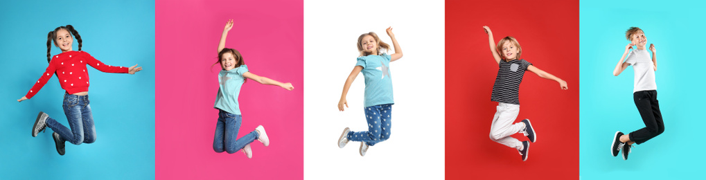 Image of Collage of jumping schoolchildren on color backgrounds. Banner design