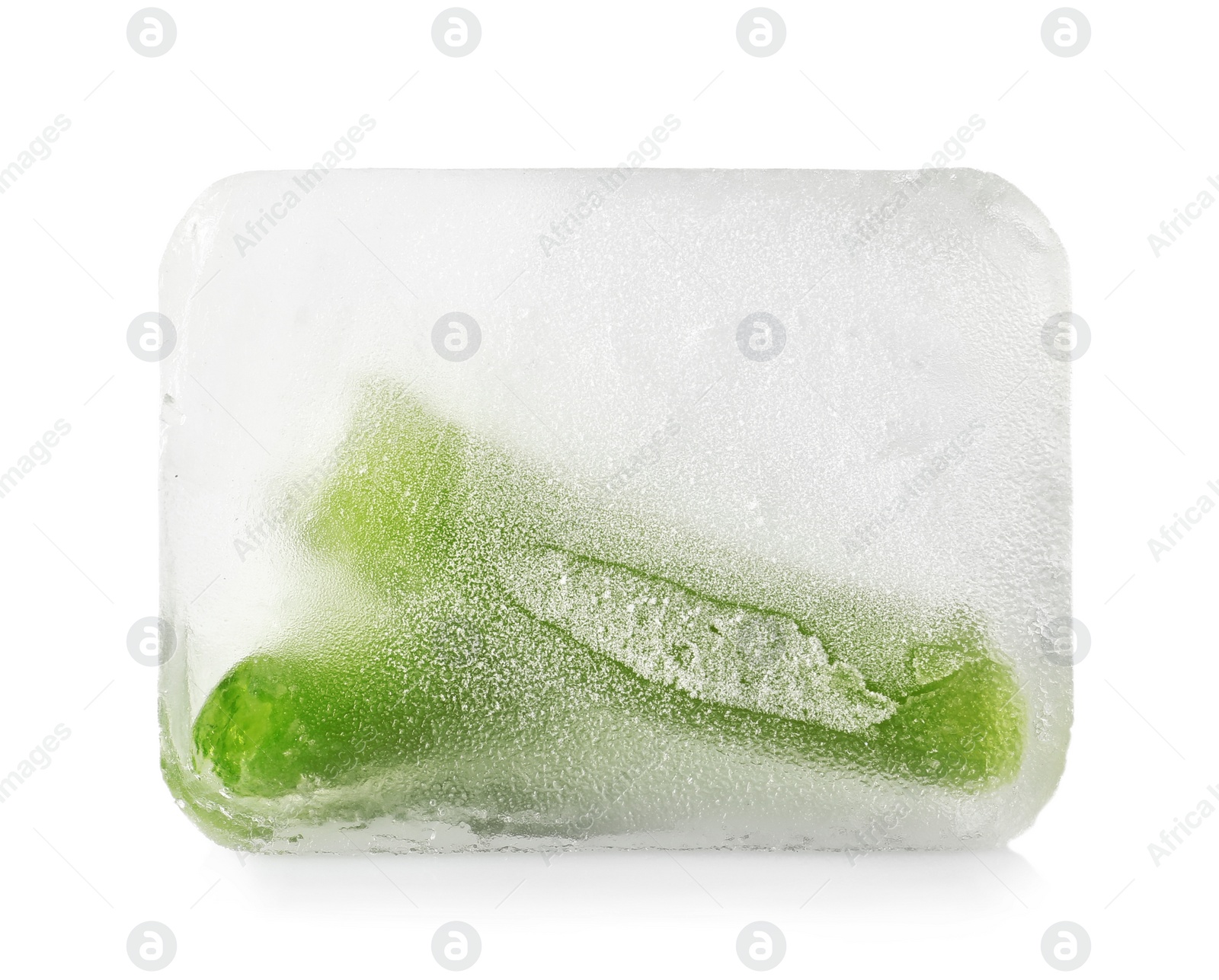 Photo of Fresh green beans in ice cube on white background. Frozen vegetables