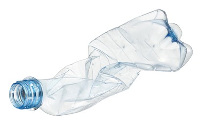 Crumpled disposable plastic bottle isolated on white