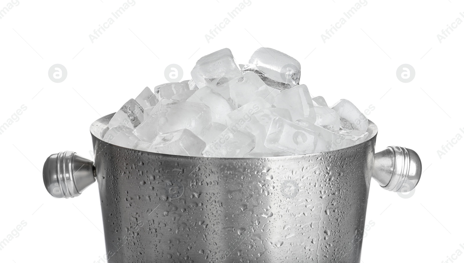 Photo of Metal bucket with ice cubes isolated on white