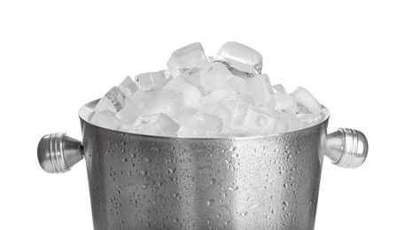 Photo of Metal bucket with ice cubes isolated on white