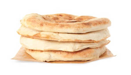 Photo of Loaves of delicious fresh pita bread on white background