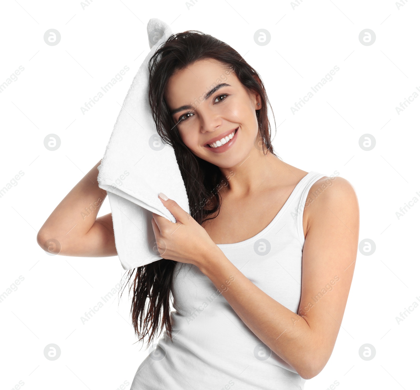 Photo of Young woman drying hair with towel on white background