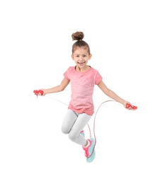 Photo of Full length portrait of girl jumping rope on white background