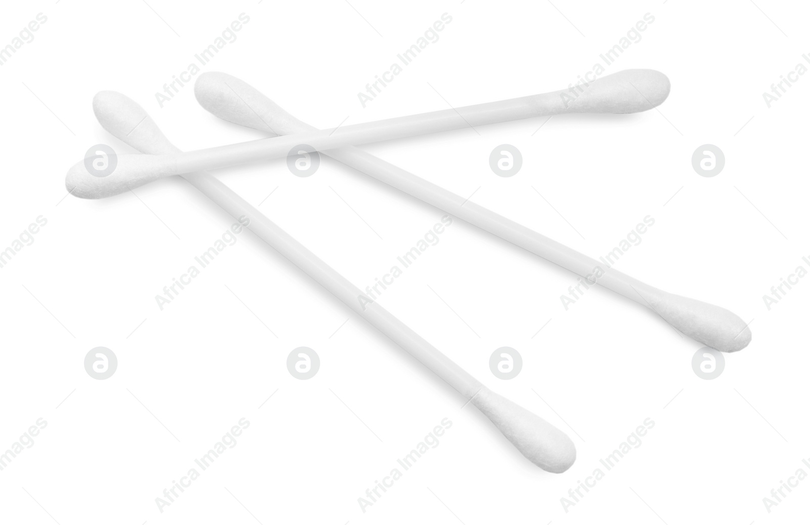 Photo of Plastic cotton buds on white background, top view