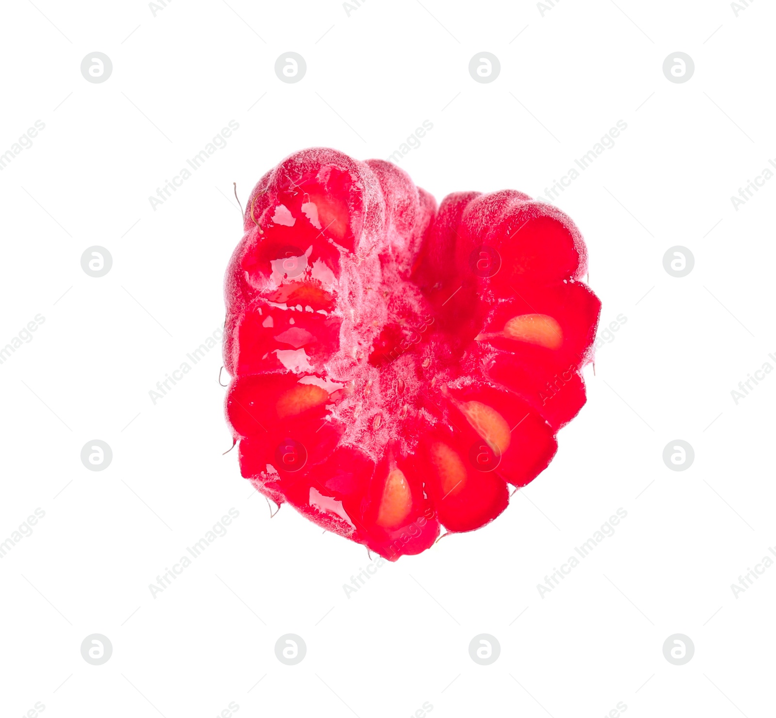 Photo of Half of fresh ripe raspberry isolated on white