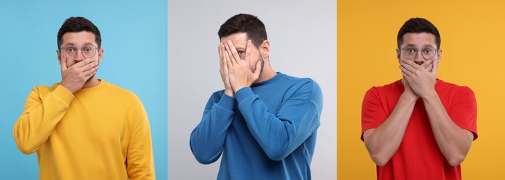 Image of Collage with photos of embarrassed man on different color backgrounds