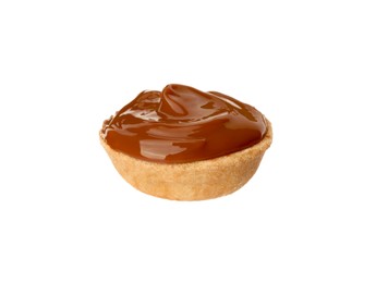 Photo of Half of delicious nut shaped cookie with boiled condensed milk isolated on white