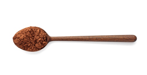 Photo of Spoon with cocoa powder on white background