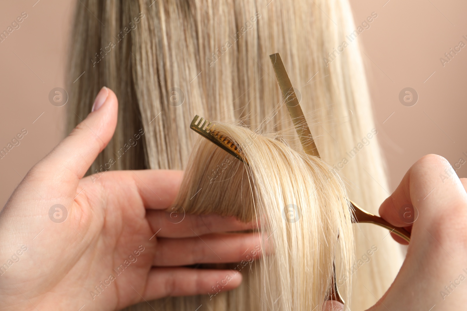 Photo of Hairdresser cutting client's hair with scissors on beige background, closeup