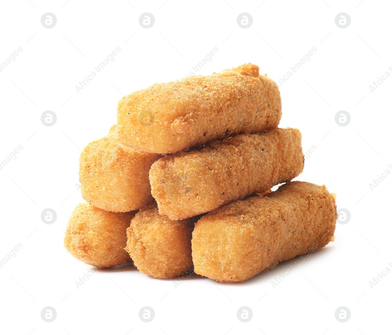 Photo of Tasty crispy cheese sticks on white background