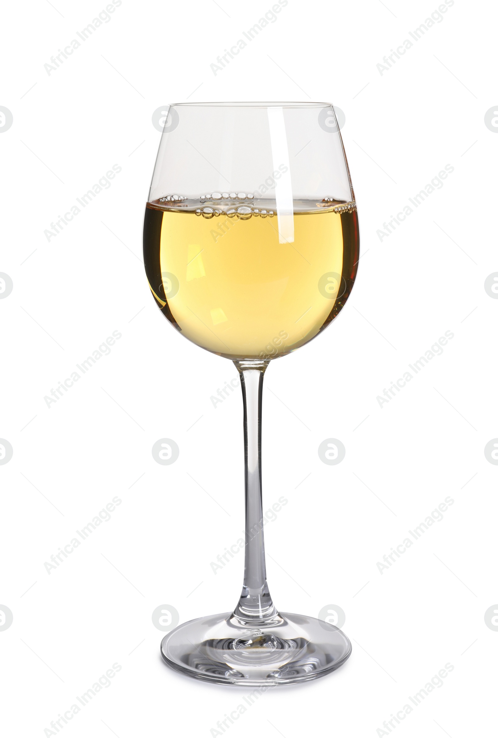 Photo of Glass of delicious expensive wine on white background