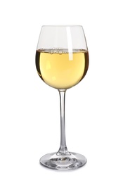 Glass of delicious expensive wine on white background