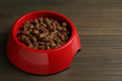 Wet pet food in feeding bowl on wooden background